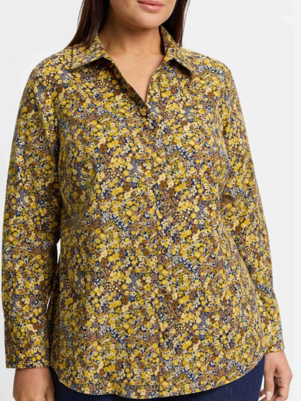 Foxcroft Mary Shirt 24W Navy Mustard Ditsy Floral Cotton Long Sleeve Button Up